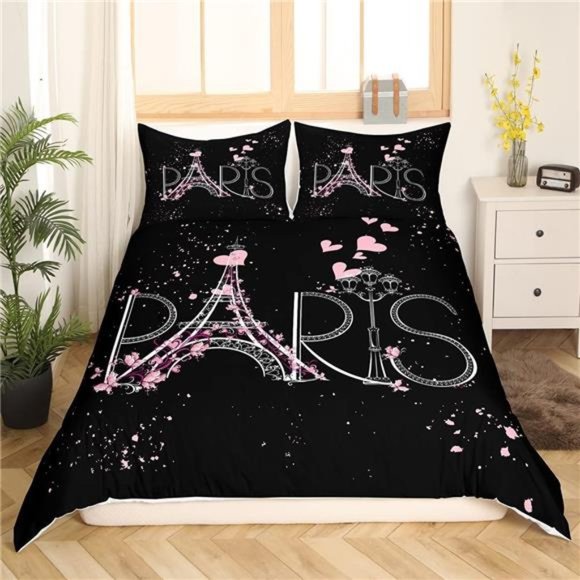 Paris Comforter Cover Set Queen Size Eiffel Tower Bedding Set Kids Girls Black - Picture 2 of 6
